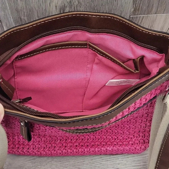 Chaps‎ Pink Brown Woven Faux Leather Multi Pocket Crossbody Bag - Picture 10 of 16